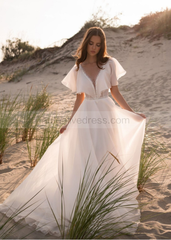 Flutter Sleeves Beaded Ivory Organza Chic Wedding Dress